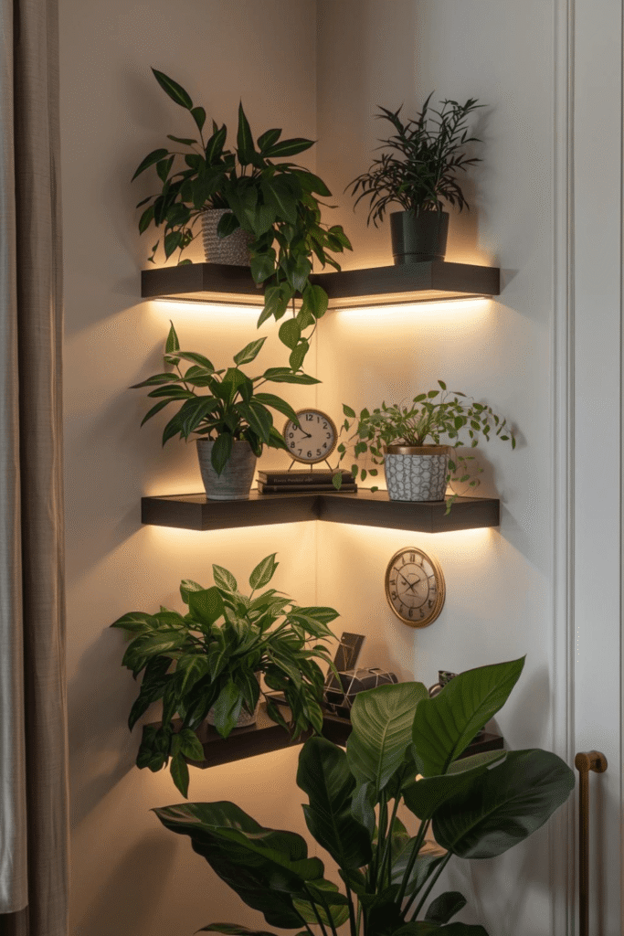 3.Maximizing Corner Spaces with Floating Shelves and Plants