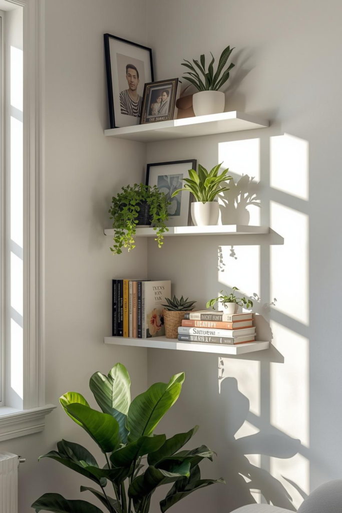 5.Transform Your Living Room with Corner Shelves