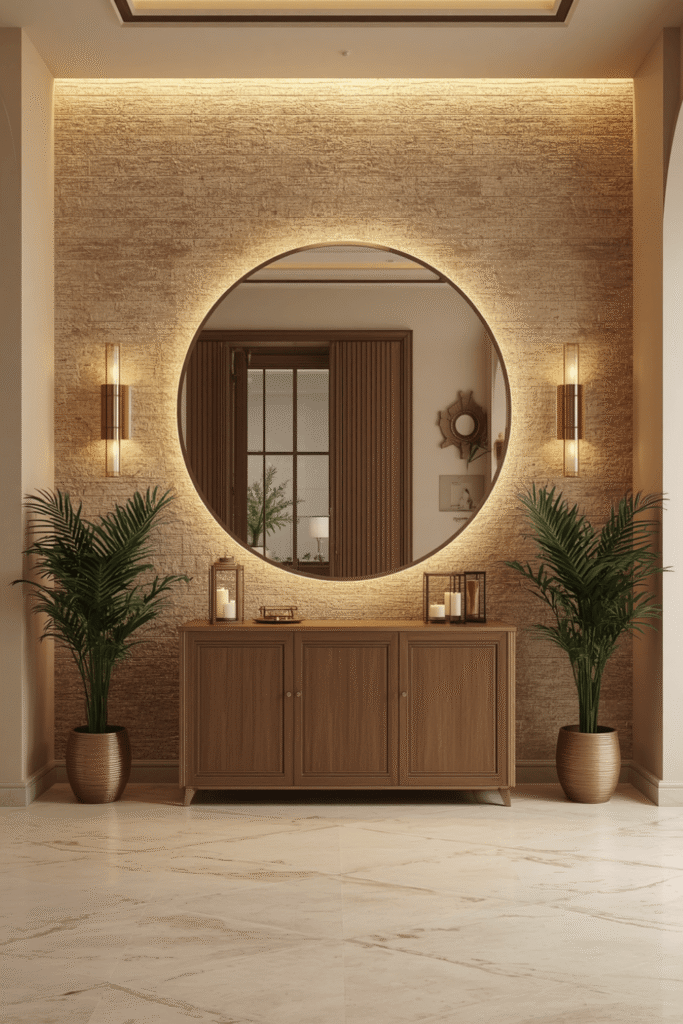 A backlit round mirror for both function and atmosphere