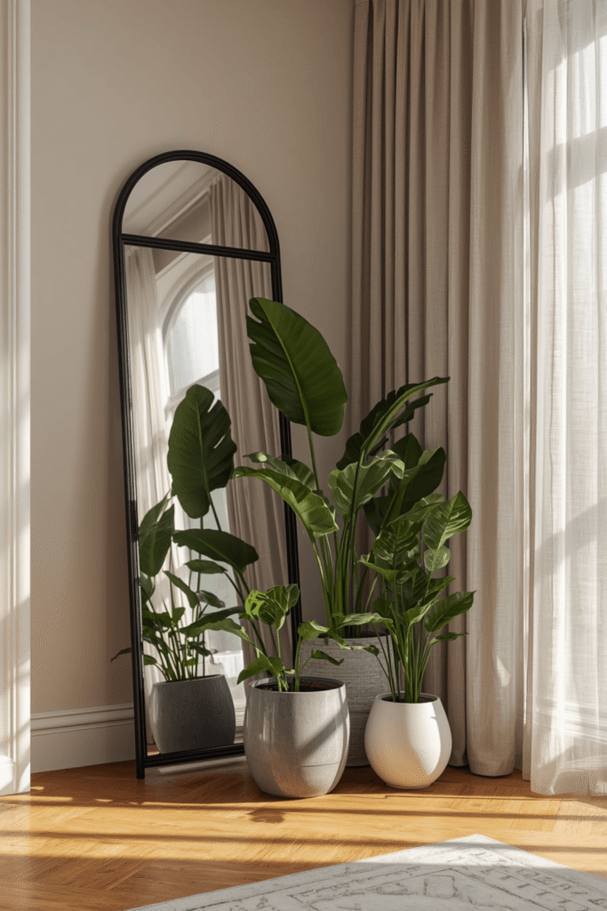 A bedroom-adjacent plant corner visible from the living area