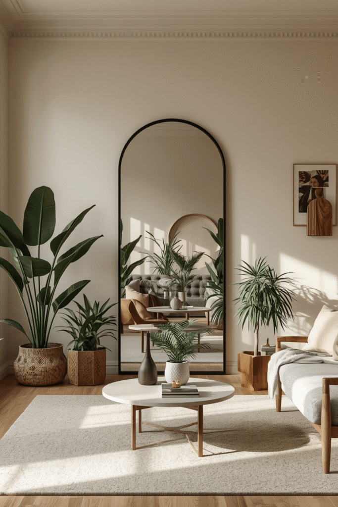 A black-framed arched mirror for a more contemporary