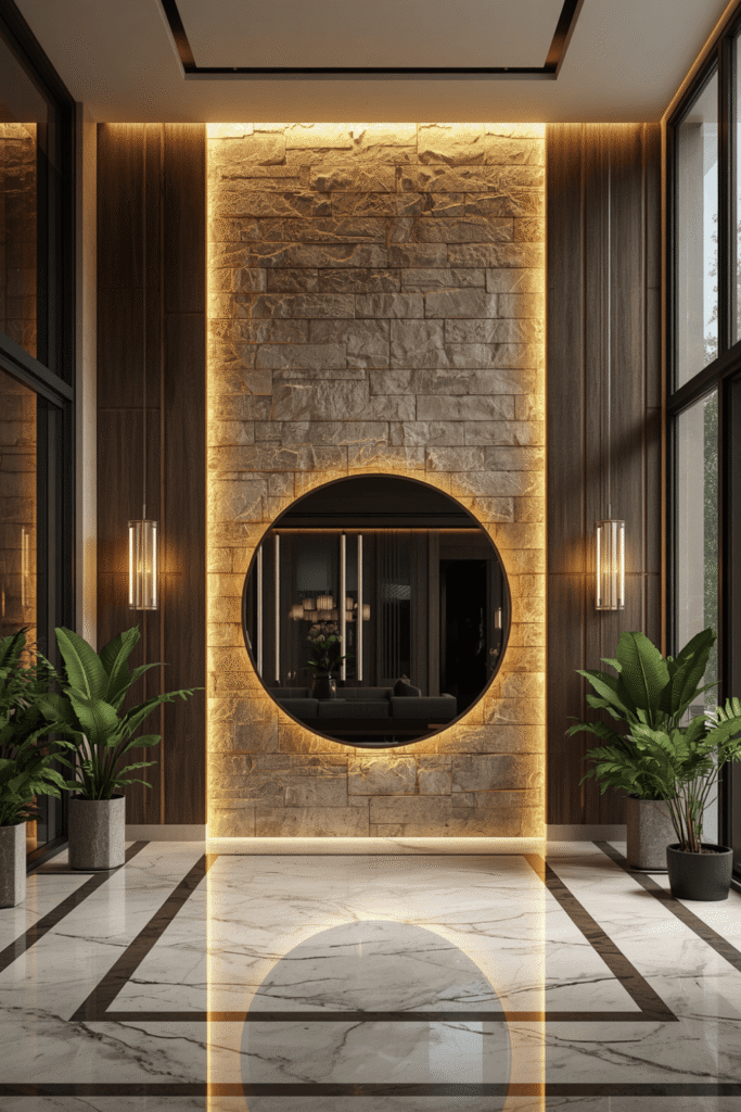 A brass or warm-metal framed round mirror with a wallÂ