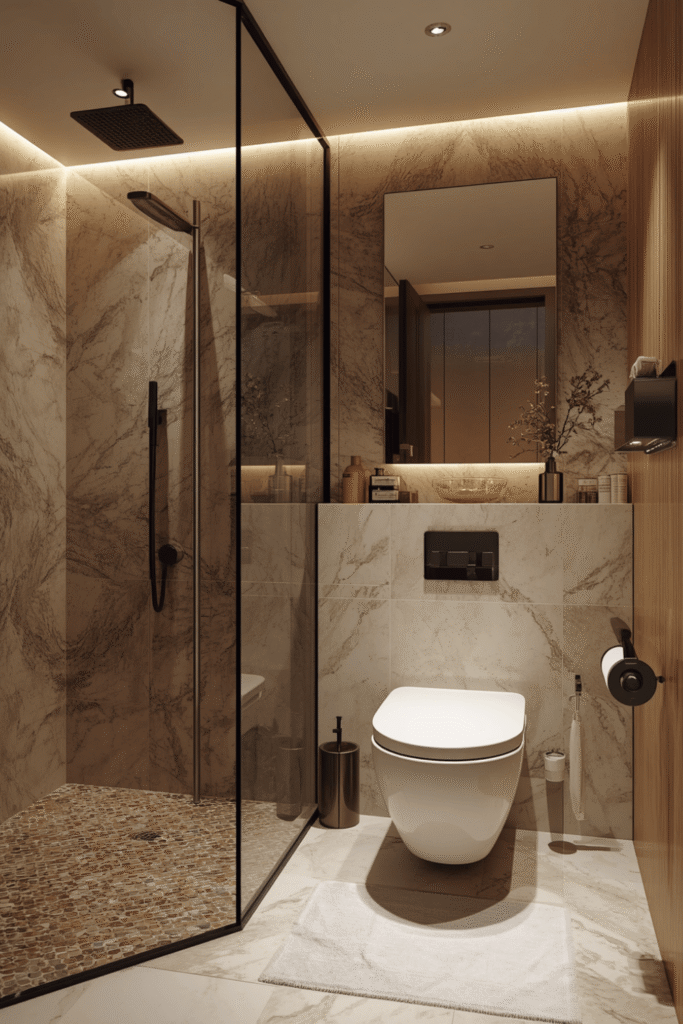 A built-in bench or ledge inside the shower