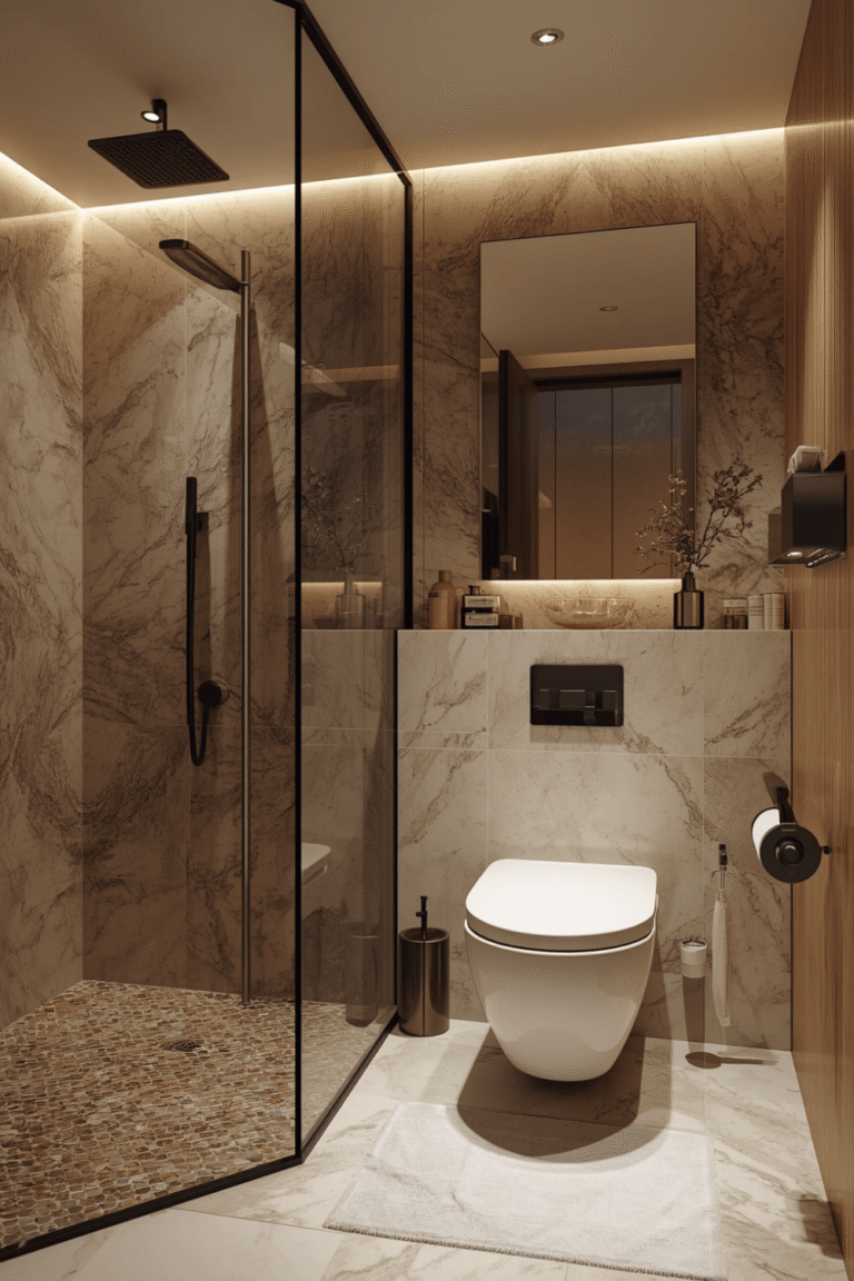 A built-in bench or ledge inside the shower