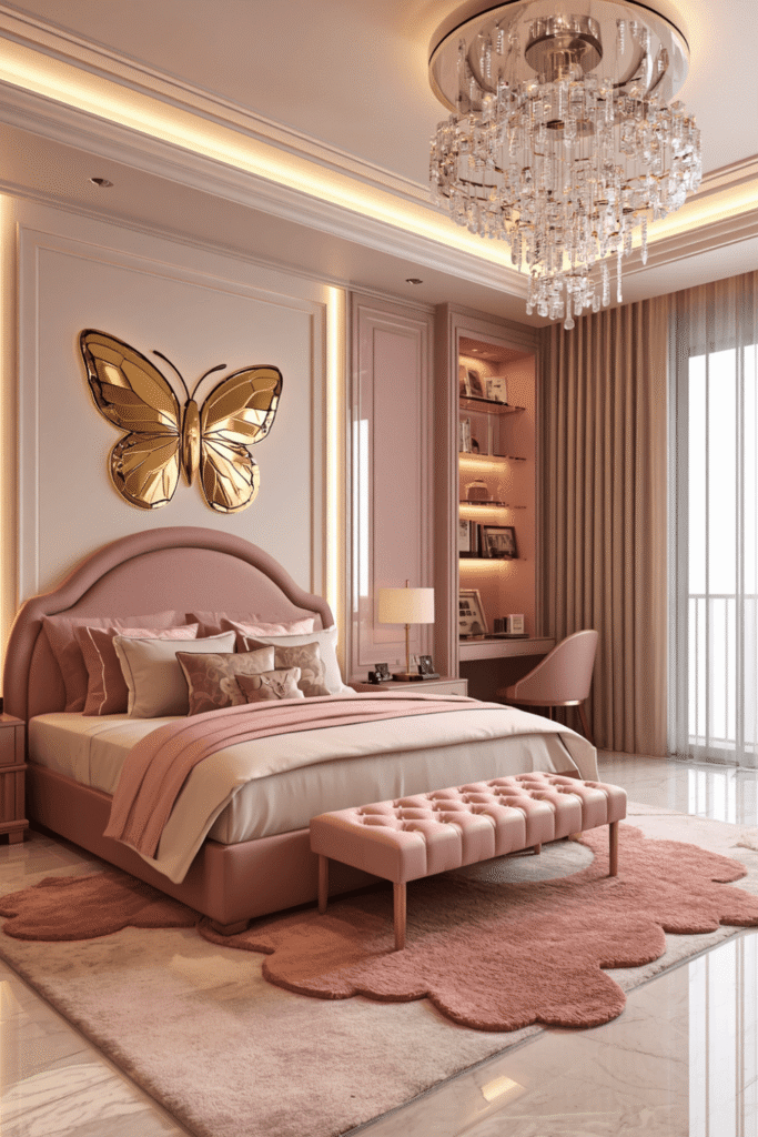 A chandelier or pendant in rose gold, crystal, or frosted glass
