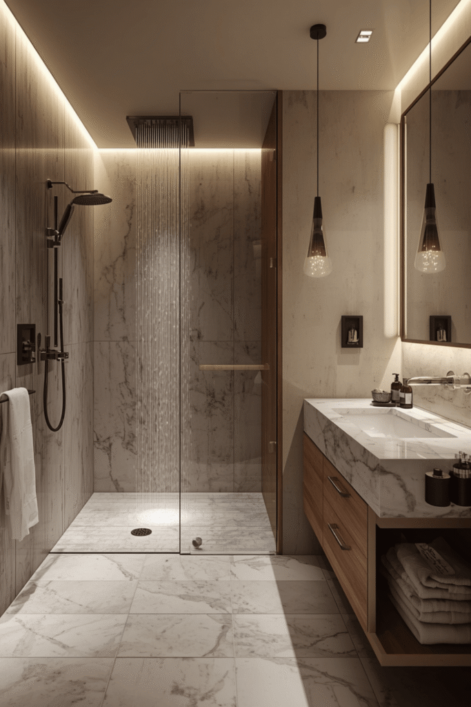 A curbless walk-in shower with a frameless glass enclosur