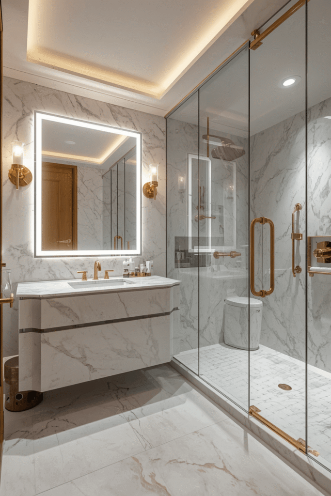 A curbless walk-in shower with a single glass panel