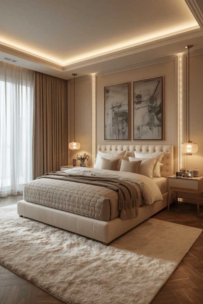 A curved bench or ottoman at the foot of the bed