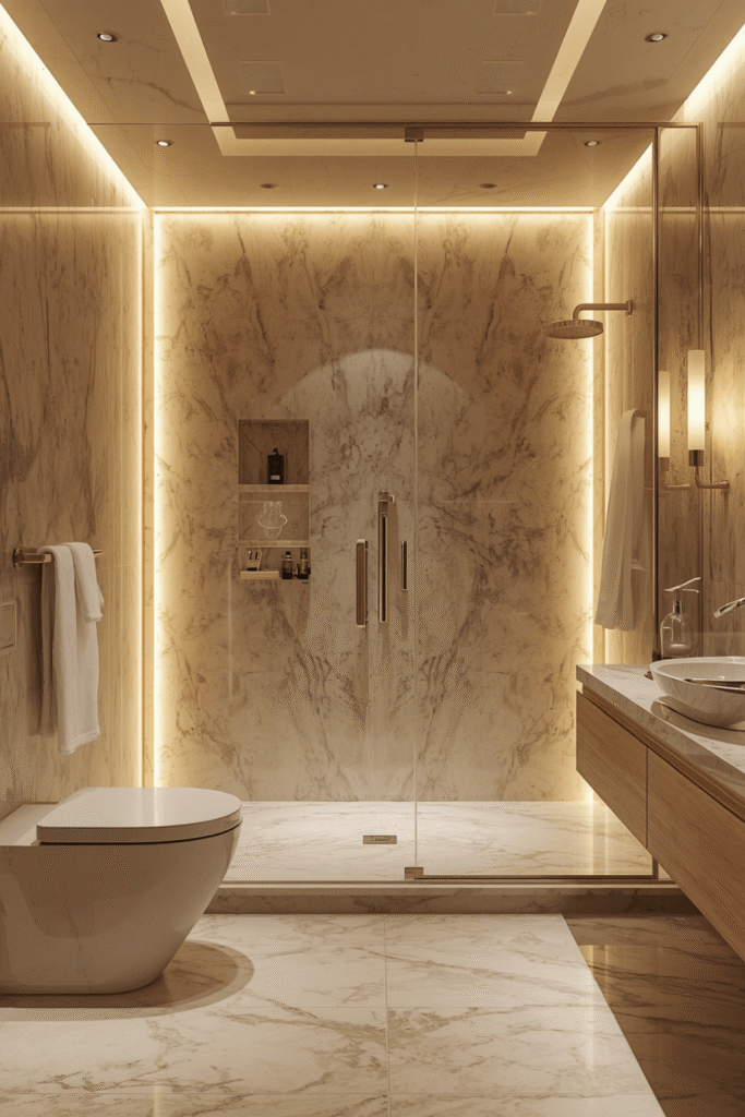 A double vanity with separate lighting and storage zones