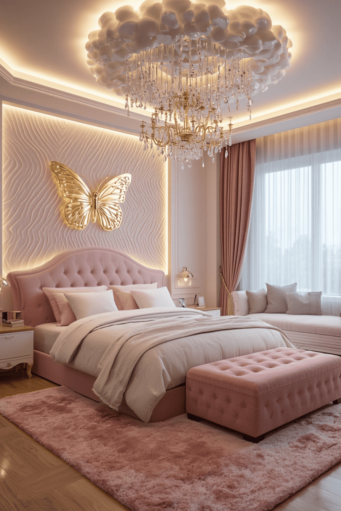 A faux fur or sheepskin rug beside the bed