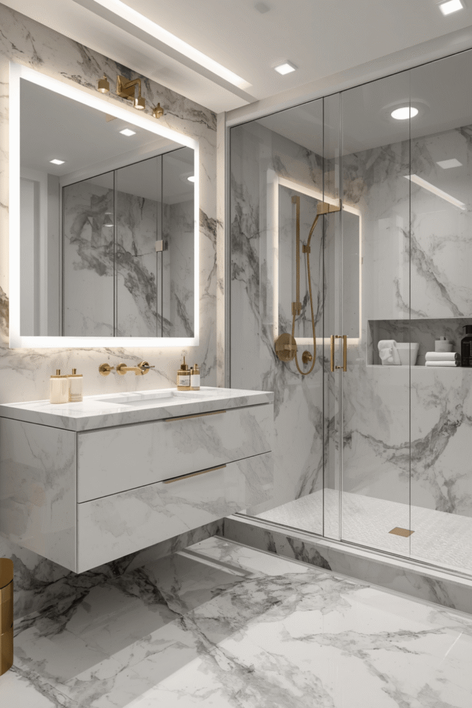 A floating double vanity in a warm wood or matte finish