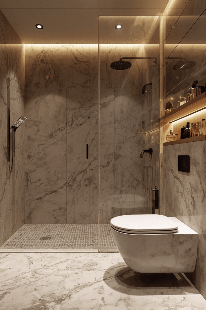 A floating marble-topped vanity with brass or gold hardware