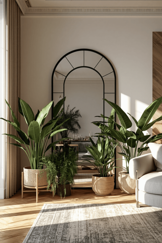 A frameless arched mirror for a clean, Scandinavian feel