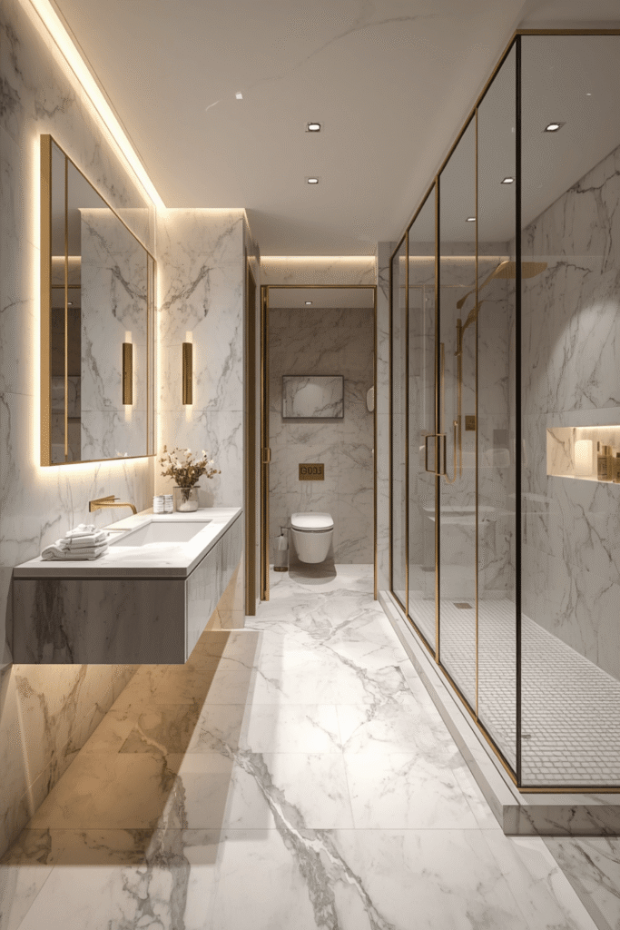 A frameless glass shower enclosure with full marble walls inside