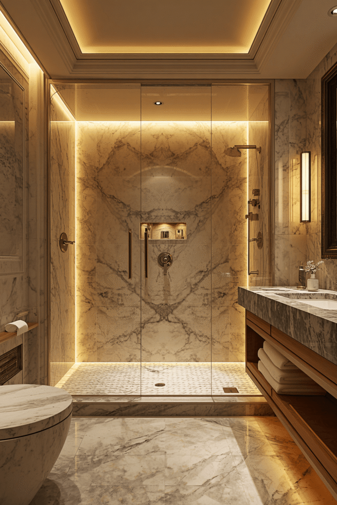 A freestanding soaking tub set against a stone or marble backdrop