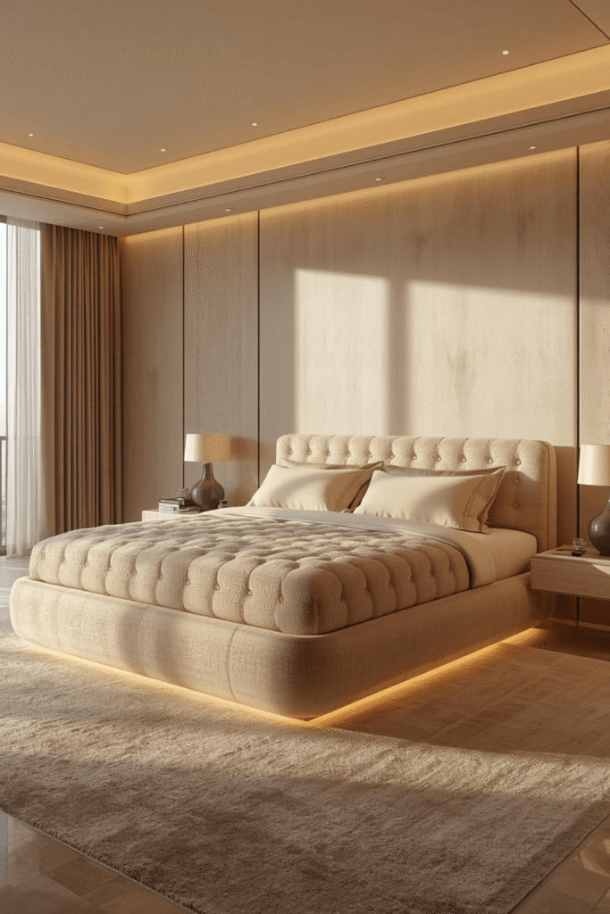 A full tonal beige palette across walls, bedding, and rug