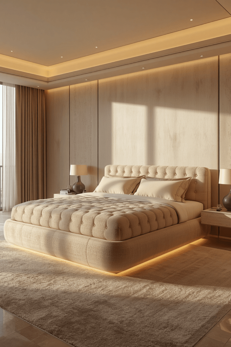 A full tonal beige palette across walls, bedding, and rug
