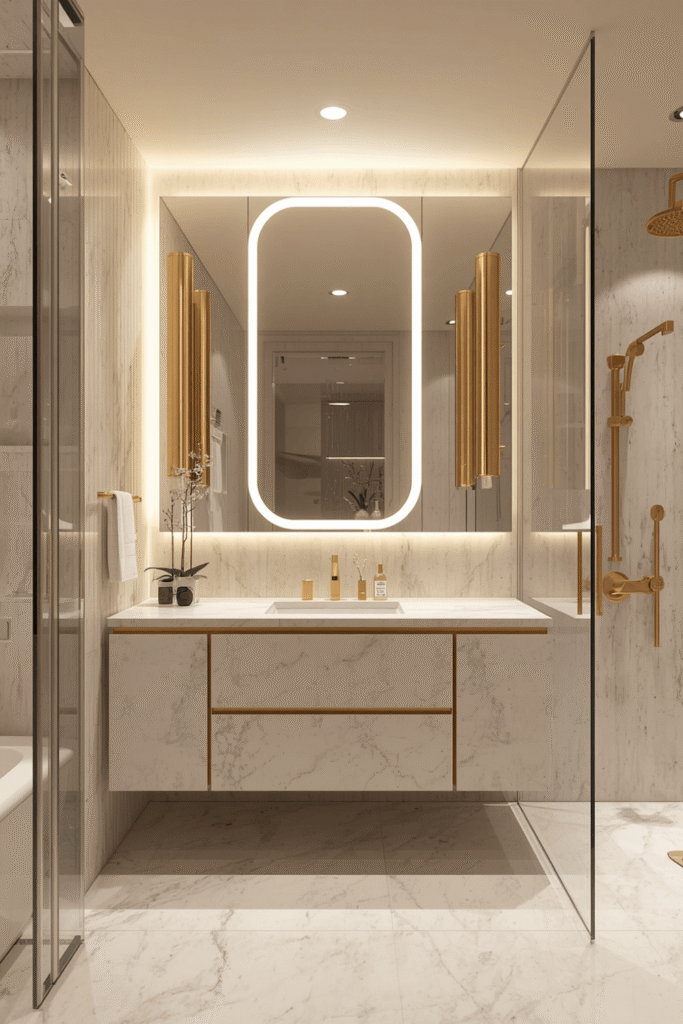 A full-width LED mirror running the length of the vanity
