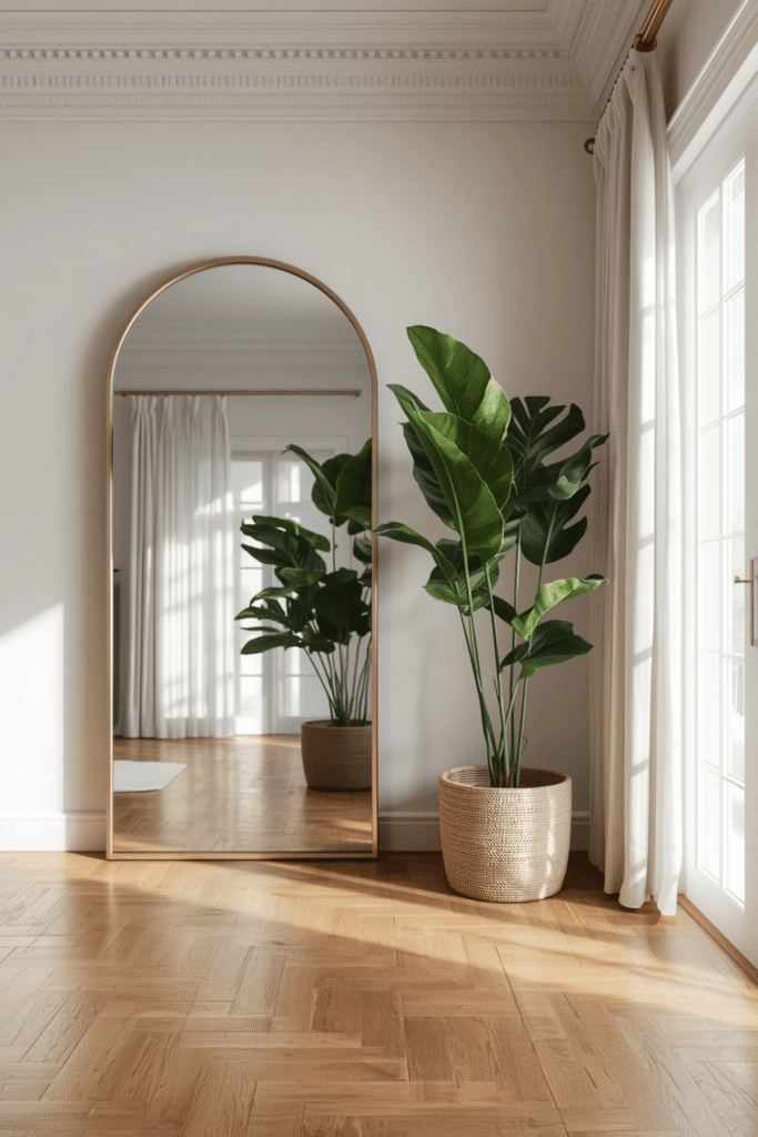 A gold-framed arched mirror beside a cluster of mixed-height plants