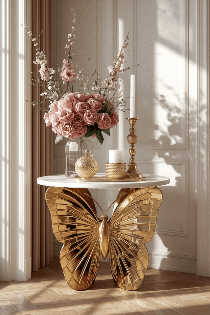 A hexagonal marble top on a gold butterfly base