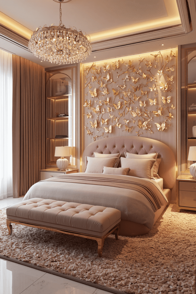 A large butterfly wall art panel or canvas above the bed