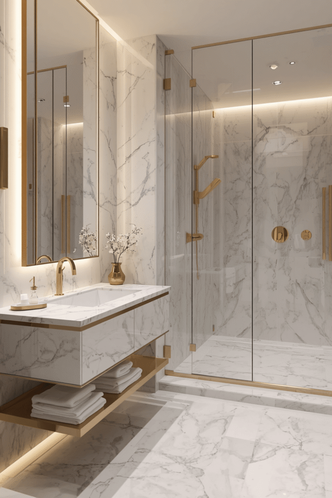A large format marble tile floor with minimal grout lines