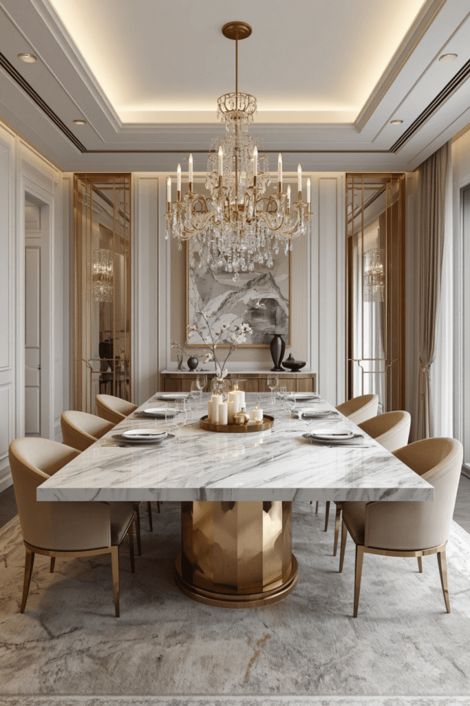 A marble-top table on a brass or gold base.