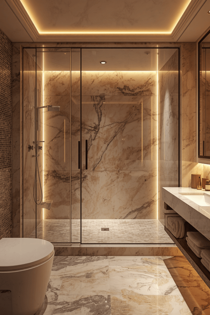 A marble vanity countertop with a waterfall edge