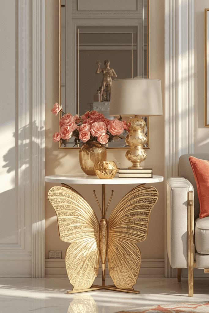 A mirrored top butterfly table for a high-glam look