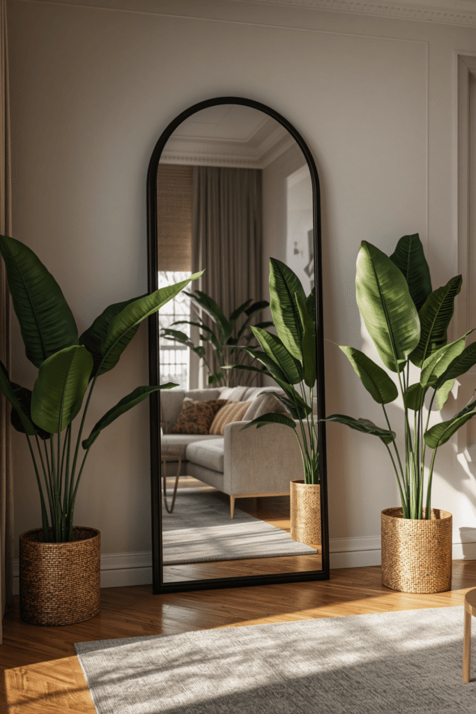 A plant-and-mirror setup that references the outdoor view