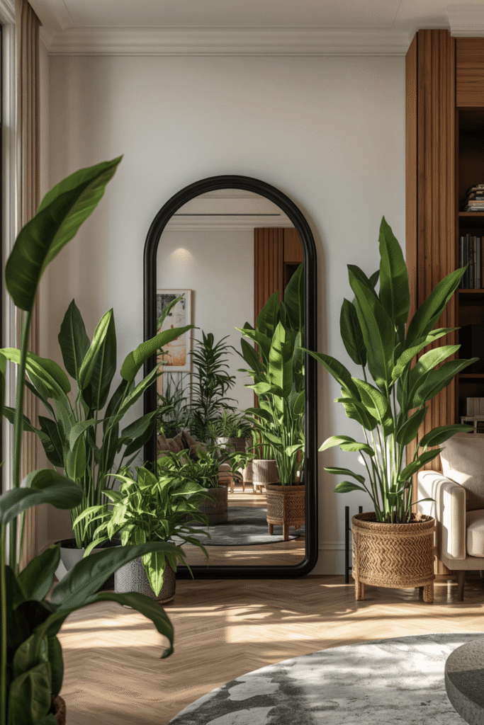 A plant placed directly beside the arched mirror, pot touching the mirror base