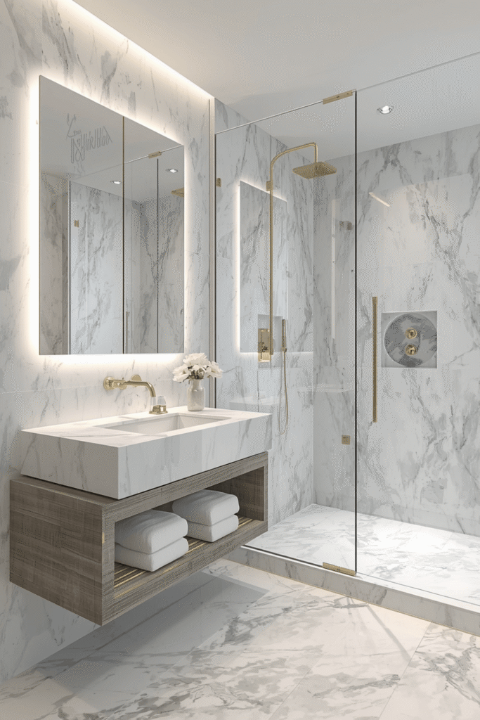 A rainfall showerhead set flush with the marble ceiling