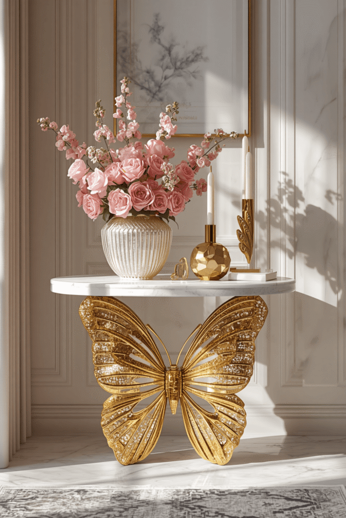 A round marble top on a brushed gold butterfly base beside a velvet sofa