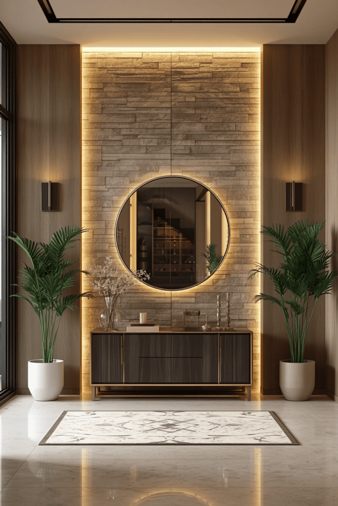 A single large stone slab as a panel behind the mirror