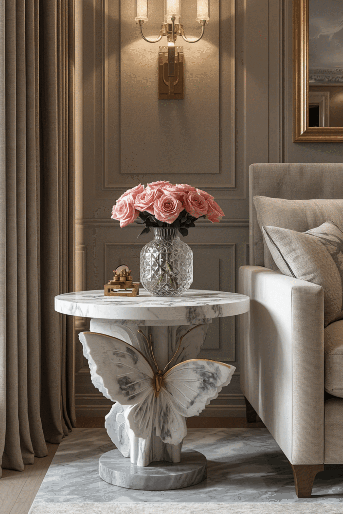A single pink peony or rose stem in a slim gold vase