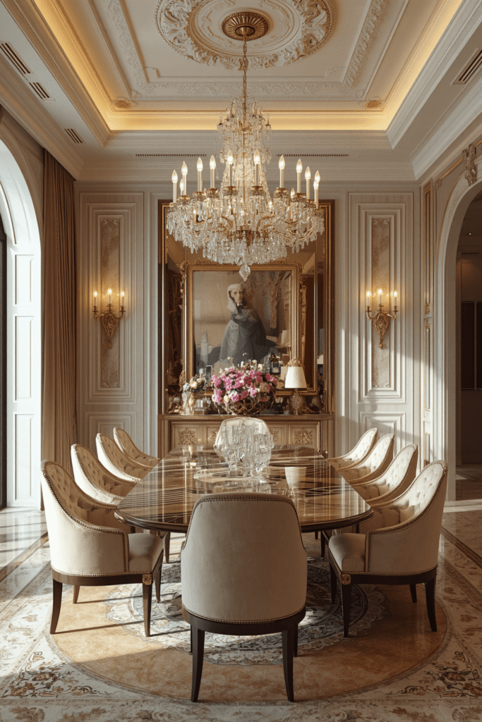 A statement crystal chandelier, sized correctly for the table below it.