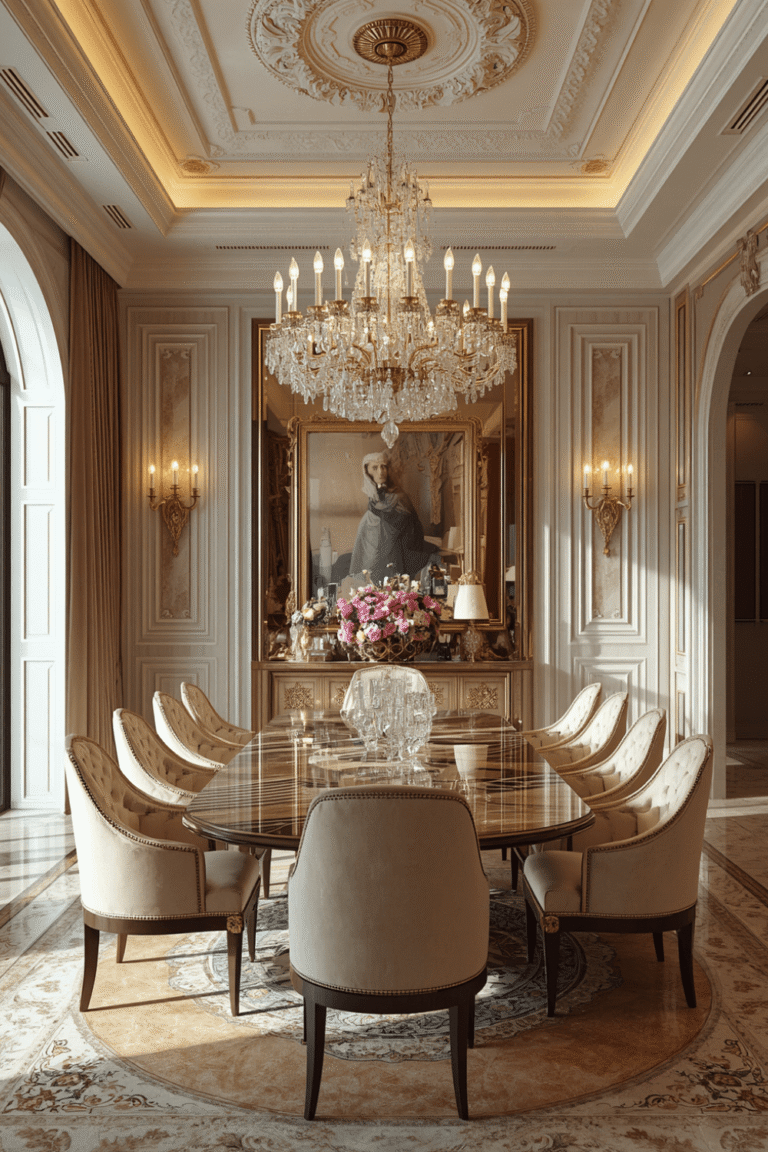 A statement crystal chandelier, sized correctly for the table below it.