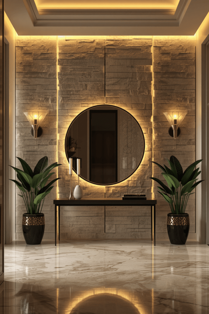 A statement pendant in the entry, sized to the ceiling height