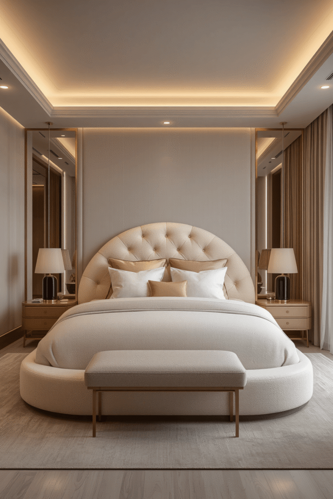 A statement piece of organic-shaped art above the bed