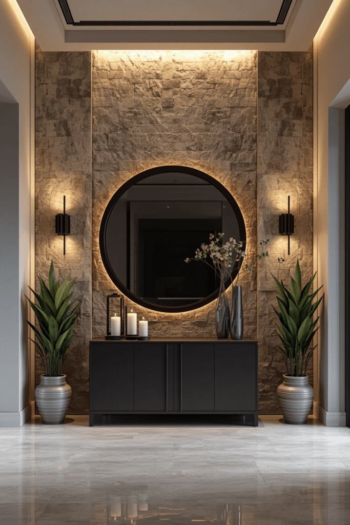 A stone veneer panel paired with a floating console