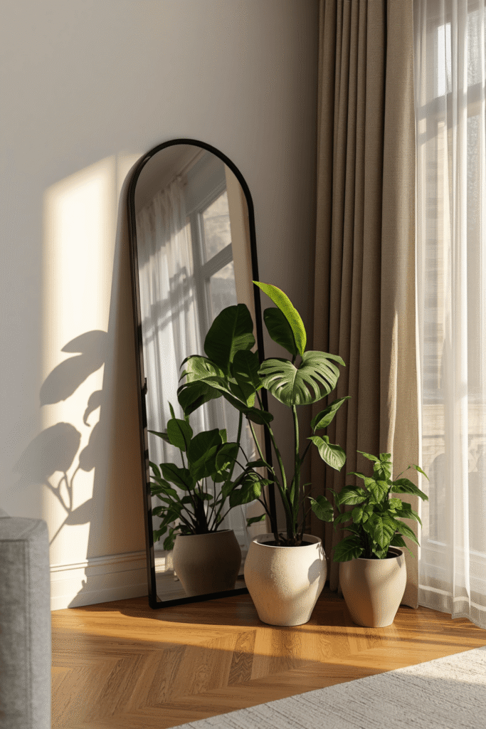 A tall arched floor mirror leaning against a wall beside a fiddle leaf fig