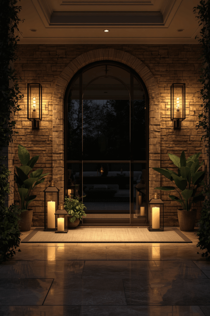 A tall floor plant in a textured pot beside the console or door
