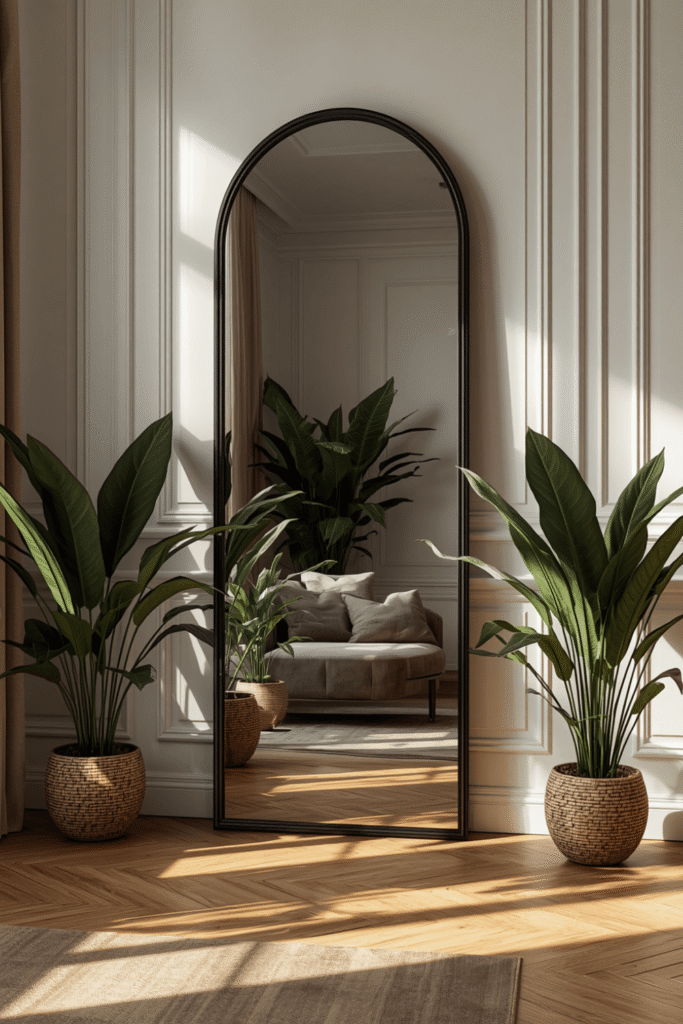 A trio of plants at different heights on a plant stand or shelf cluster