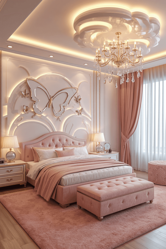 A tufted headboard in blush velvet or boucle