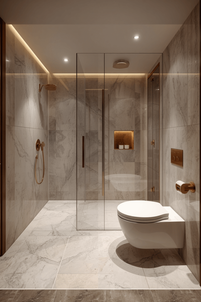 A wet room layout, shower and tub sharing one open space
