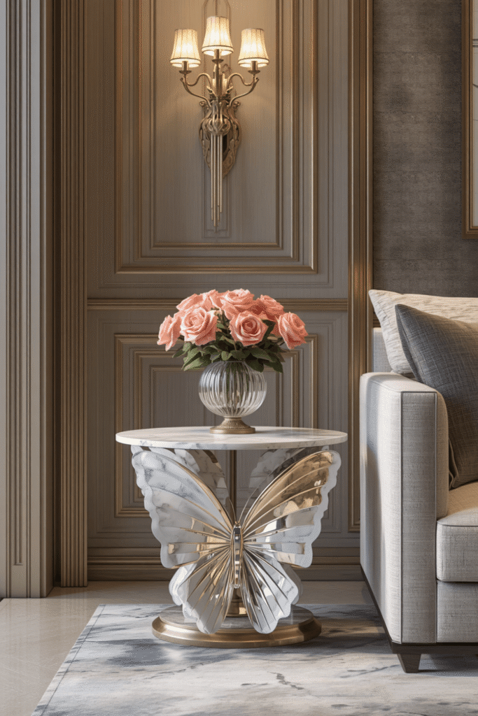 A white Carrara marble top butterfly table in a living room corner