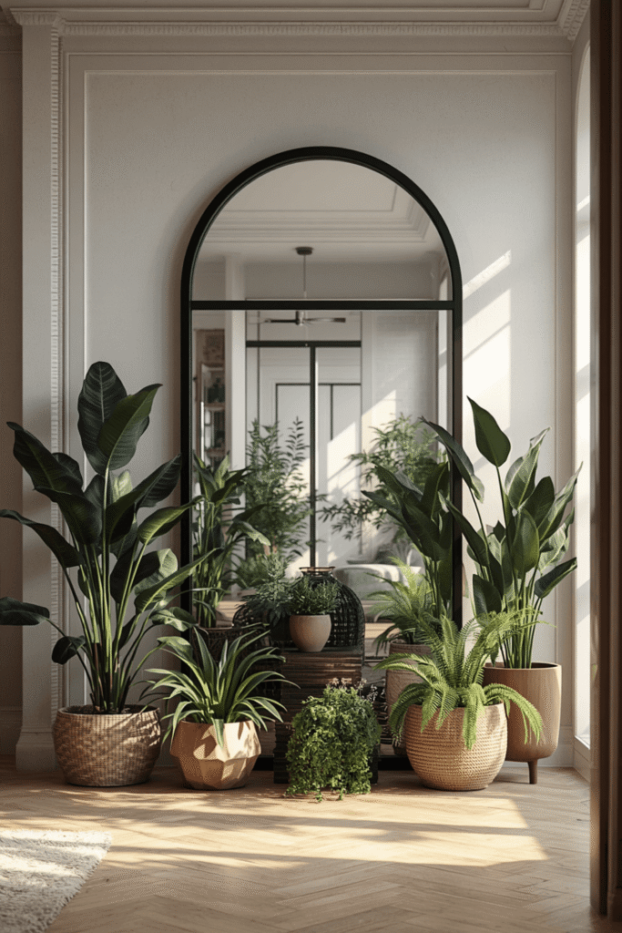 An arched mirror reflecting a window and the plants in front of it