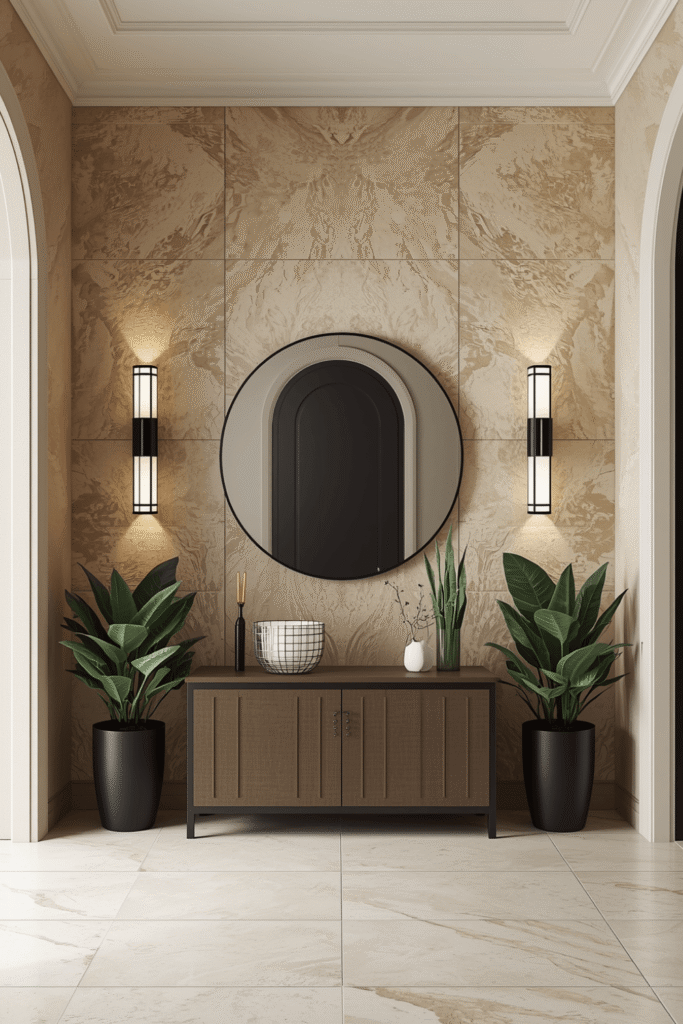 An oversized round mirror as the entry's focal point