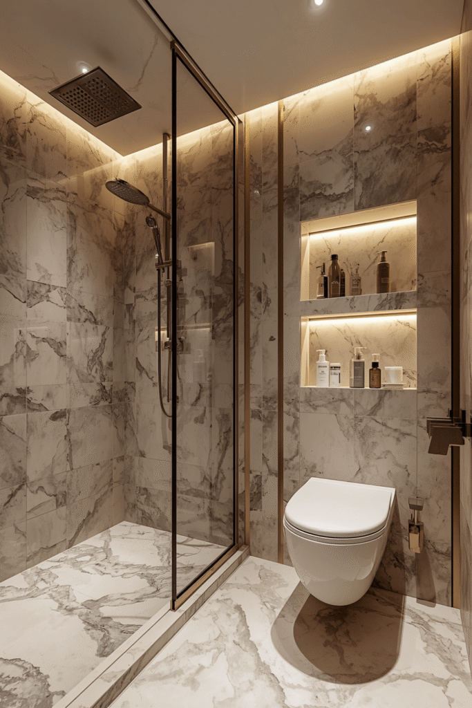 Bookmatched marble slabs in the shower