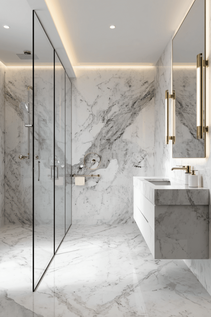 Bookmatched marble slabs inside the shower